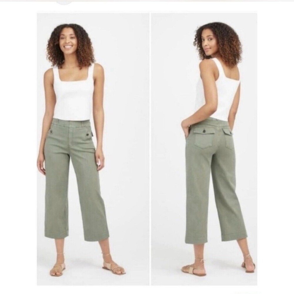 Spanx Stretch Twill Wide Leg Crop Pull On Pants Sage Green Womens 1X Boho